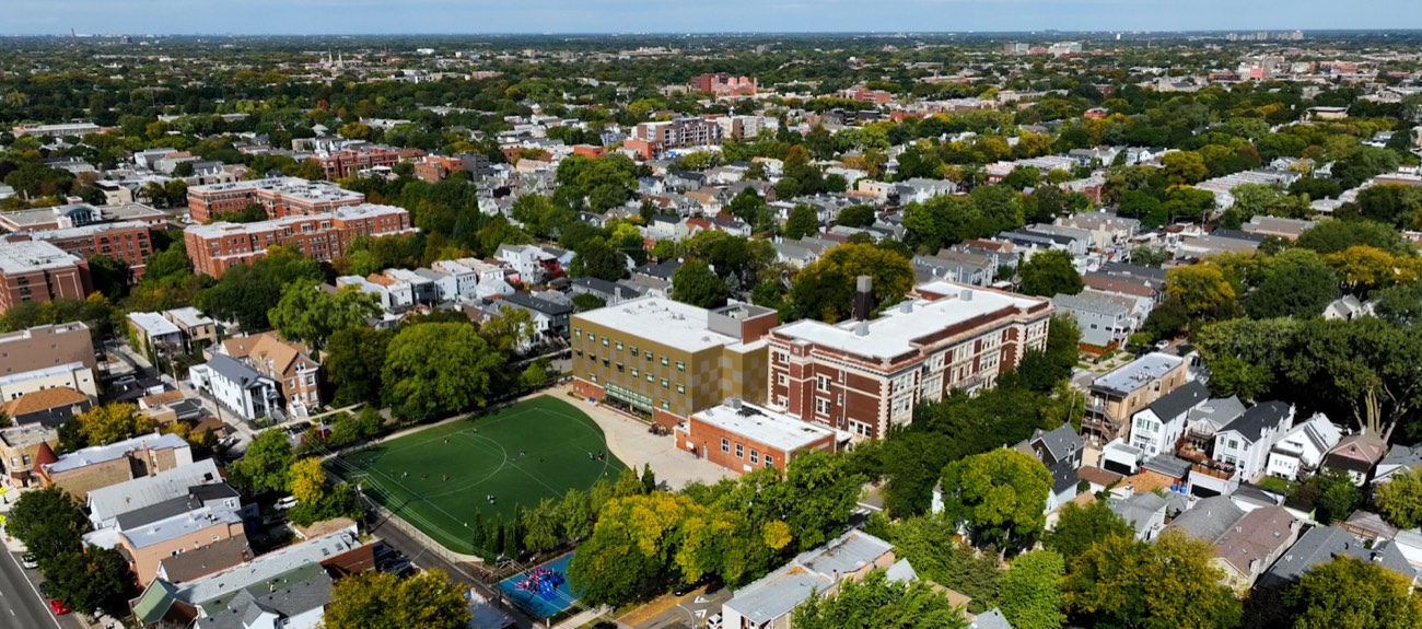 Aerial view of John C. Coonley School and its field in North Center